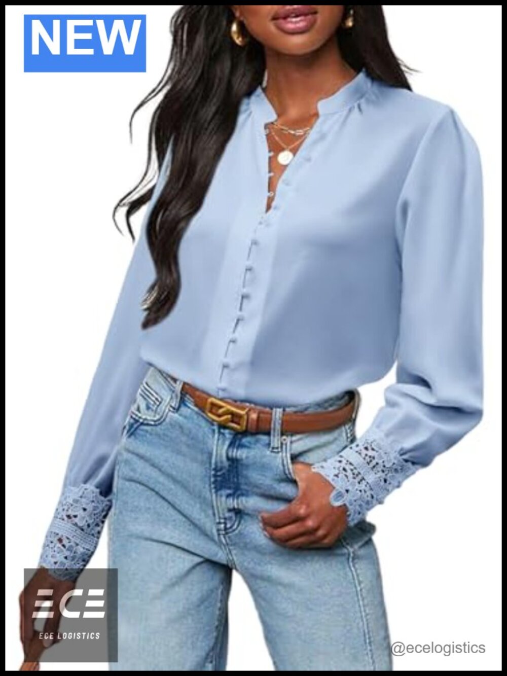 Chiffon Button Down Blouse Long Sleeve Lace Cuff Business Shirt